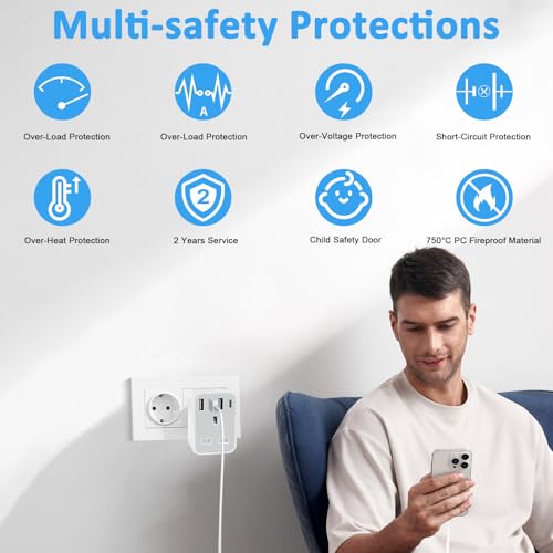 European to uk plug adapter,travel adapter UK to European Plug with 1*USB C & 3*USB A Ports,European Travel Adapter for Germany Spain France Turkey Greece Iceland(Type E/F) (1 pack)