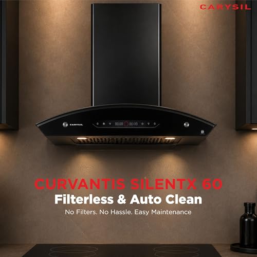 Image of Carysil Curvantis SilentX 60 cm BLDC Motor Kitchen Chimney, Curved Shape, 1800 m /hr Suction, Auto-Clean Filterless, 9+ Turbo & Gesture Control, LED Lamp, 12-Year Warranty - Black