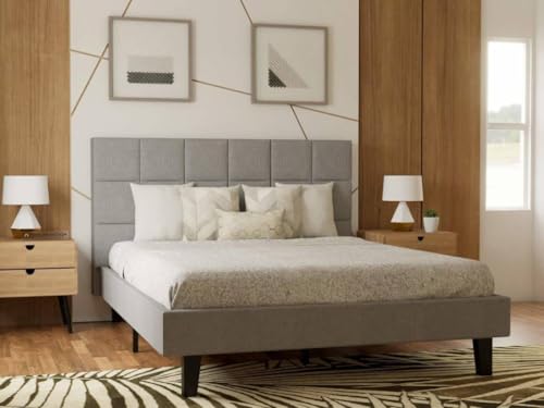 Image of Wooden Modern Upholstered King Size Bed for Bedroom | Wooden Double Bed Without Storage | Platform Cot Upholstered Bed with Upholstery Fabric | Engineered Wood | 6.5 x 6 Ft | Grey