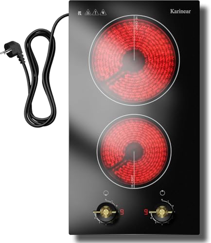 Karinear Placa Vitrocerámica de 2 Fuegos con Enchufe, Placa Vitrocerámica con Doble Mando Giratorio, Independiente, Empotrable o Móvil, 220-240 V, 30 CM, 3000 W