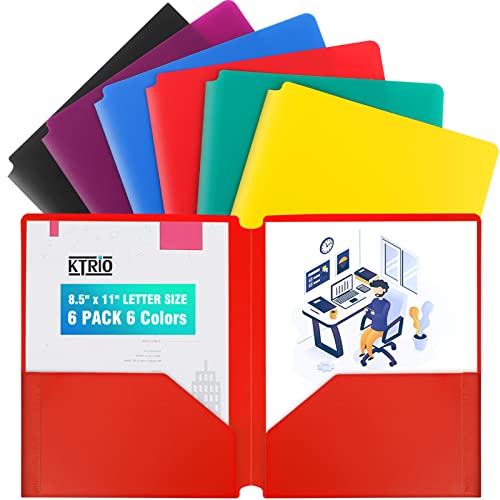 KTRIO Pocket Folders, 6 Pack Plastic Folders with Pockets, Colored Heavy Duty 2 Pocket File Folders Letter Size Poly Folders Plastic Pocket Folder for School Office