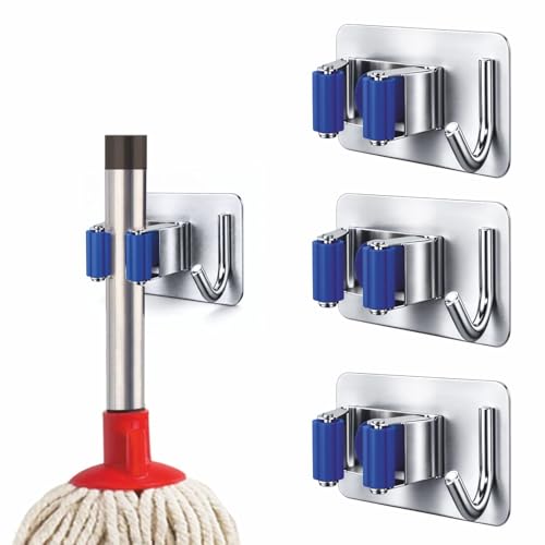 Image of JIALTO 3 Pcs Adhesive Mop Holder and Broom Holder Wall Mounted Stainless Steel | Heavy Duty Mop & Broom Organizer with Hooks | Adhesive Storage Rack for Kitchen & Bathroom (Blue, 3)
