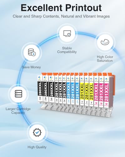 Image of 15-Pack PGI-280XXL CLI-281XXL Ink Cartridges Compatible with Canon 280 281 | Used for Canon PIXMA TR8620a TS9521C TS9520 TR8600 TR8620 TS702a TR8622 TR8520 Printer Bulk Ink High-Yield