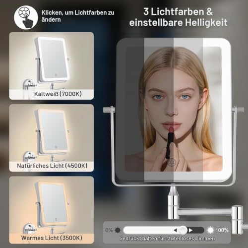 ANNWA Wiederaufladbar Kosmetikspiegel mit LED Beleuchtetung,1X/7X Spiegel Vergrößerung Wandmontage,Dimmbarer Rasierspiegel 3 Farben… – Ansicht 5