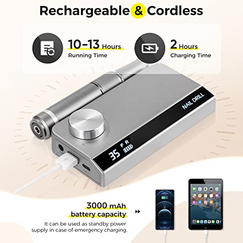 Professional Nail Drill Machine 35000 Rpm, Portable Rechargeable Electric Nail E File Machine For Acrylic Nails Gel Polishing Removing, Cordless Nail Drill For Home Salon #TOP2