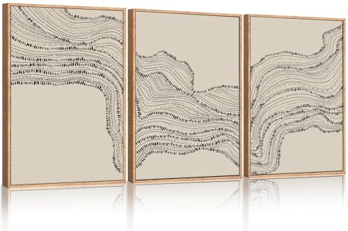 HLNIUC Neutral Abstract Framed Canvas Wall Art Set, Black Beige
