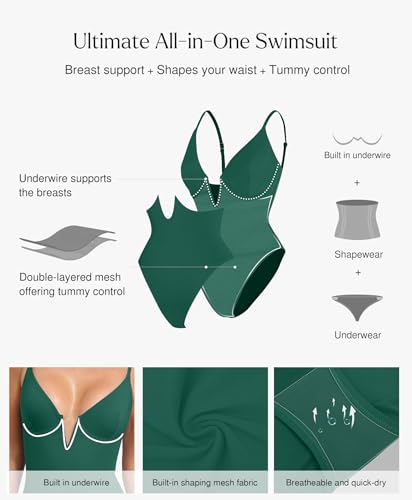 Image of Popilush One Piece Swimsuits for Women Tummy Control Deep V Neck Underwire Shapewear Swimsuit Summer Bathing Suits