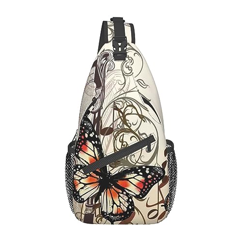 Sac à dos à bandoulière noir imprimé harpe et papillon de voyage