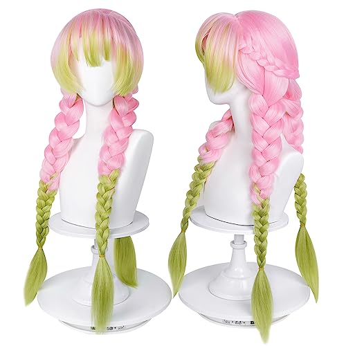 max beauty anime pink and green wig for mitsuri cosplay braided hair wig with pigtails halloween party  cap