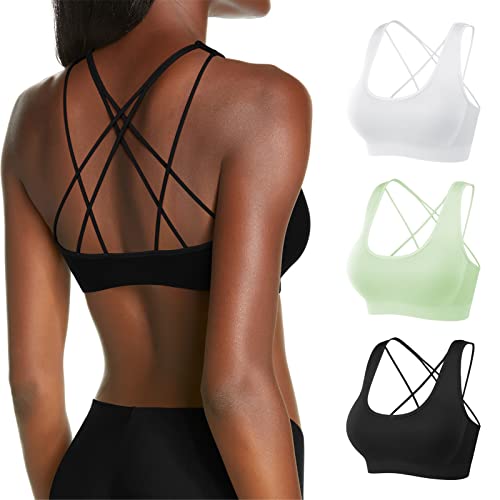 MOVINOW Sports Bra Seamless Padded Strappy Sports Bras for Women Yoga Bra Workout Removable Cups 3 Pack White Green Black