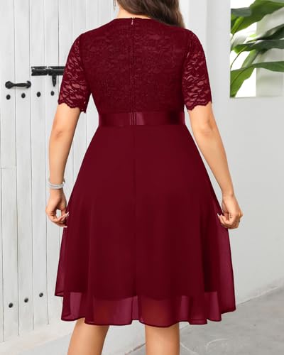 Image of Talisea Plus Size Wedding Guest Dress - Formal Cocktail Party Ruffle Elegant Tea Length Lace Chiffon V Neck Midi Dresses