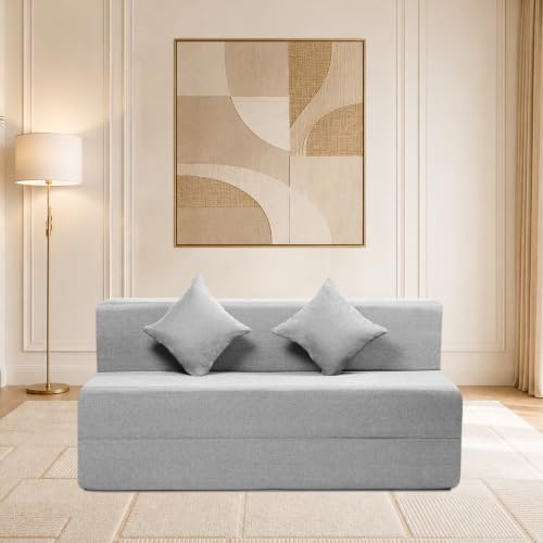 Image of Seventh Heaven Rejioce 3 Seater 5 * 6 Jute Fabric Washable Cover Sofa Cum Bed with 2 Cushions 3 Seater Double Foam Fold Out Sofa Cum Bed (Finish Color - Light Grey Delivery Condition - Pre-Assembled)