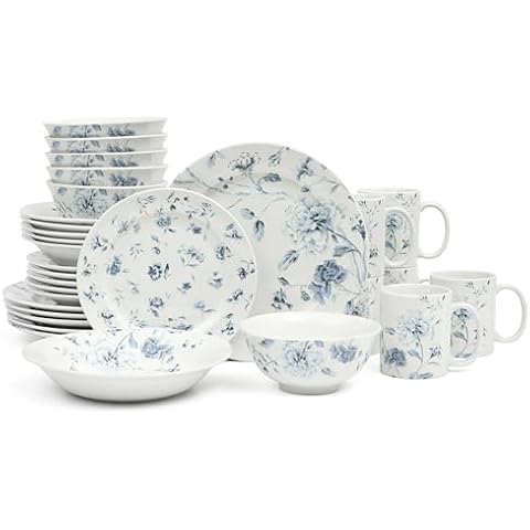 Martha Stewart Empress Bouquet 30 Piece Decorated Porcelain Dinnerware Plates and Bowls Set - Blue Floral Cover