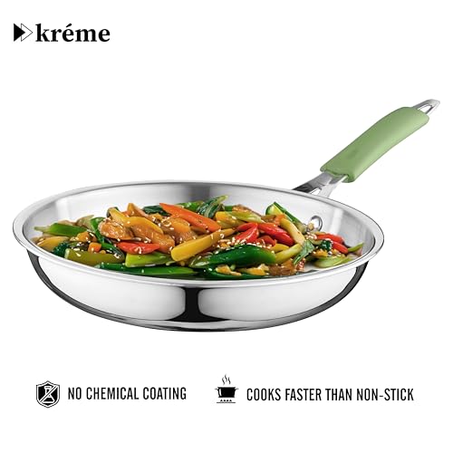 Image of Kreme Platina Triply Stainless Steel Cookware Set of 4 Pcs - Kadai 24cm /2.8L and Frypan 24cm /1.8L with Glass Lids, Consumes Less Oil, Healthy Cooking - Induction and Gas Stove Ready