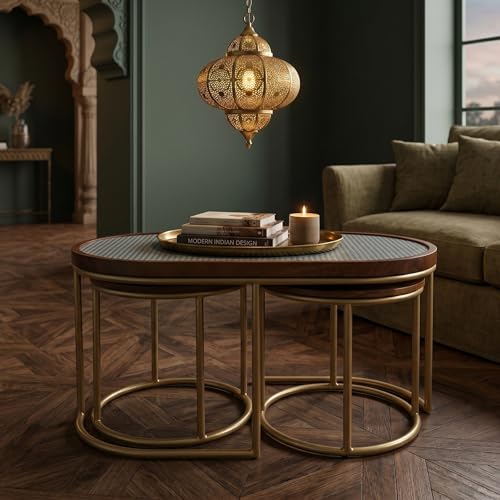 Image of TableTales Rattan Coffee Table Handcrafted Nesting Coffee Table Set | Oval Centre Table with 2 Round Side Tables | Solid Mango Wood & Natural Rattan Cane | Honey Finish (Gold)
