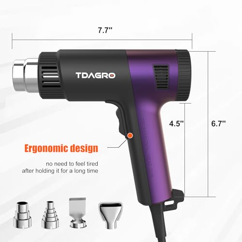 TDAGRO Professional 1800W Heat Gun for Vinyl Wrap Crafting - Fast-Heat Hot Air Tool with Adjustable Temperature 122℉-1202℉(50℃-650℃), Overload Protection 4 Nozzles for Shrink Tubing, Resin DIY. - Thumbnail 3