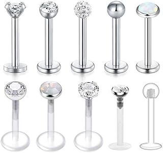 MODRSA Tragus Earrings 16G Labret Monroe Piercing Lip Stud Tragus Stud Helix Earring Conch Piercing Jewellery Women Stainless Steel CZ Inlaid Clear Lip Retainer