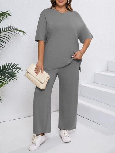 Beautife Womens Plus Size Lounge Sets Short Sleeve Tops Wide Leg Pants 2 Piece Outfits Tracksuit with Pockets3