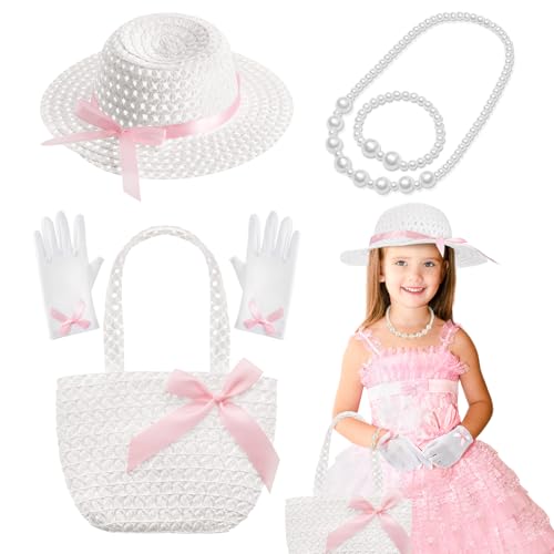 Tradder 5 Pcs Tea Party Hat Accessories Girls Tea Party Gloves Fascinator Hat Handbag Bracelet Necklace for Outfit Decoration