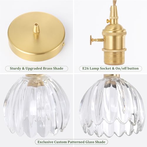 Image of Shenmoyl Pendant Light 2 Pack with Clear Tulip Glass Lmapshade, Brass Vintage Pendant Light Adjustable Hanging Light for Kitchen Island Dining Room Hallway