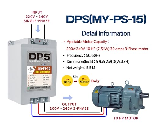DPS 15HP MY-PS-15 Used for 10HP(7.5kW) 30A Motor, Single to 3 Phase Converter, 1 Must Be Used for 1 Motor Only, Input/Output 200-240V, UL Listed2