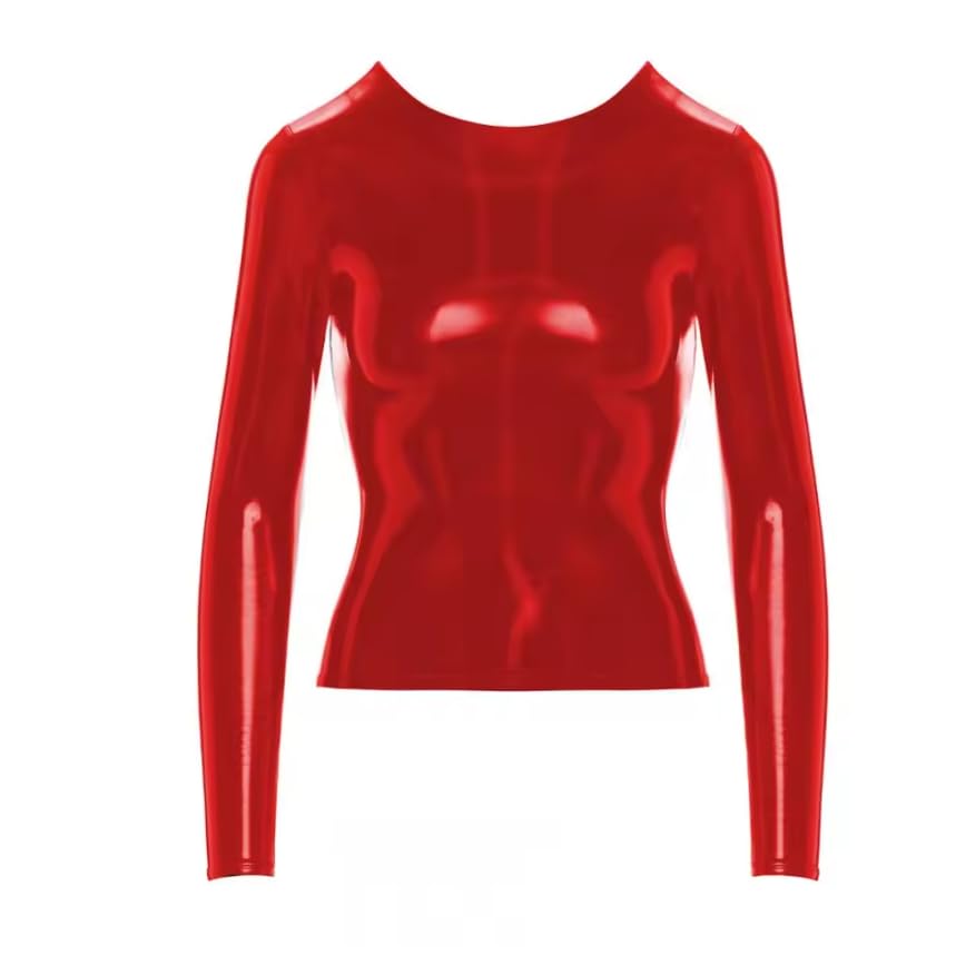 Maglietta da donna in pelle PVC con scollo rotondo a maniche lunghe High Street Slim Tee Tops Clubwear femminile personalizzabile