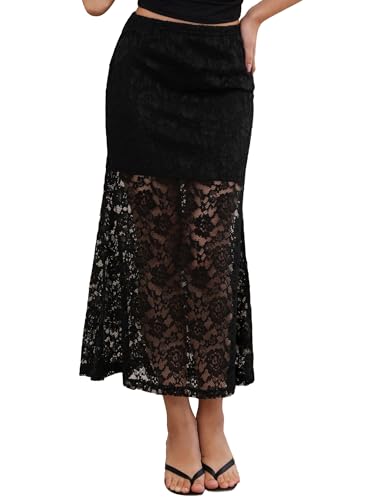 Allegra K Maxi Lace Skirt for Women's Elastic High...