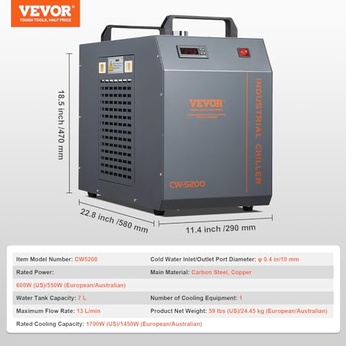 Image of VEVOR Industrial Water Chiller, CW-5200, 7L Water Tank, 13L /min Max Flow Rate, CO2 Laser Engraving Machine Cooling System, Grey Copper Industrial, Matte Finish