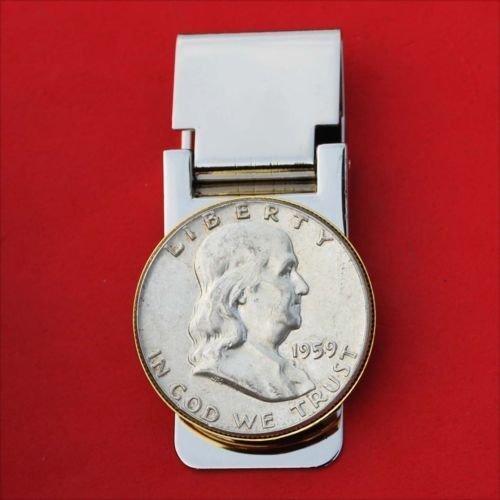 US 1959 Franklin Half Dollar 90% Silver Coin Hinged Money Clip NEW