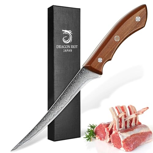 DRAGON RIOT Damascus Boning Knife 6 inch, Professional VG-10 Steel Japanese Fillet Knife, Flexible Deboning Knife,Kitchen Trimming Knife with Ergonomic Wood Handle, Premium Gift Box