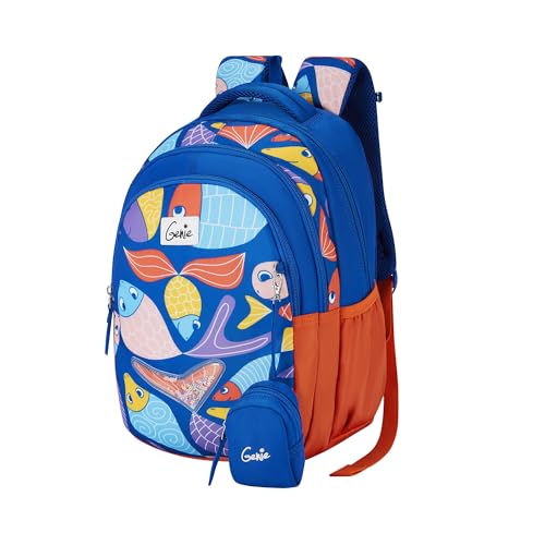 Image of Genie Finley Kids Backpacks, 15 inch Cute, Colourful Bags for Girls, Water Resistant and Lightweight, 3 Compartment with Happy Pouch, 20 Liters, Nylon Twill, Blue