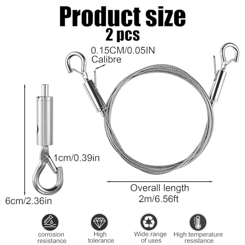 Image of 2 PCS Adjustable Picture Hanging Wire with 2 Hooks 2m x 1.5mm Stainless Steel Wire Rope Heavy Duty Mirror Hanging Hardware for Mirror Photo Light Lamp Artwork Billboards