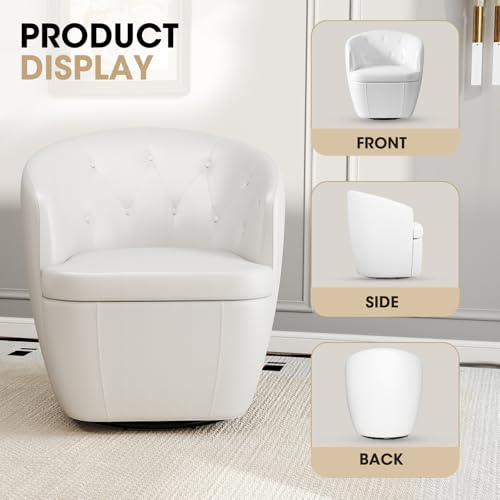 Image of 360 Swivel Leather Accent Chair, Modern Barrel Club Chair with Leather Upholstery and Sturdy Base, Comfortable Armchair for Living Room, Bedroom, Reading Nook, White