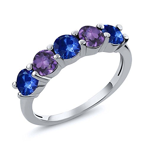 Gem Stone King 925 Sterling Silver Blue Sapphire and Purple Amethyst Wedding Band Ring For Women (1.02 Cttw, Round 3.5MM, Gemstone September Birthstone, Available In Size 5, 6, 7, 8, 9) - Main Image