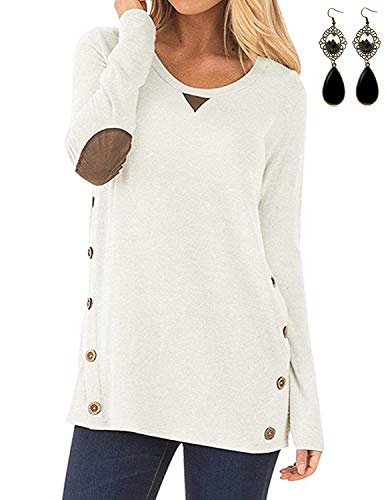 MODETREND Mujer Camisetas Algodón Manga Larga con Boton Doble Breasted Camisas y Tops Otoño Invierno Blanco L