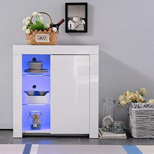 Aparador con Tira de LED Control Remoto, Gabinete Decoración Moderno para Libros Manualidades Decoraciones, Armario de Almacenamiento para Cocina Sala Oficina Casa, Interfaz USB 75 x 35 x 83cm(Bianco)