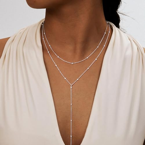 Lariat Gold Necklace for Women, Dainty Long Necklace 14K Gold Plated/Silver Y-Shaped Pendant Necklace Trendy, Beaded Chain Bar Infinity Cross Star Drop Necklaces Simple Jewelry For Women4