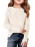 Haloumoning Girls Fall Sweater Kids Fashion Long Sleeve Ribbed Knit Split Pullover Tops 5-14Y Cream White