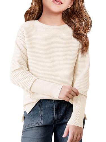 Haloumoning Girls Fall Sweater Kids Fashion Long Sleeve Ribbed Knit Split Pullover Tops 5-14Y Cream White