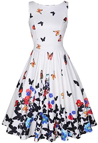 OLADY Women's BoatNeck Sleeveless Vintage Tea Dress, Fit and Flare Rockabilly Floral 1950s Pinup Swing Dress,Beige Butterfly,Medium