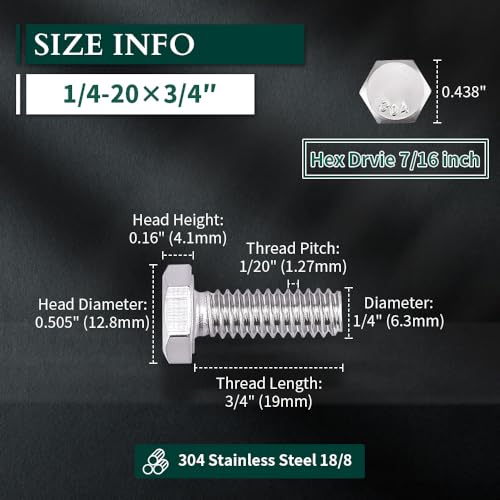 Image of 1 /4-20 x 3 /4 inch Hex Head Bolts Screws, 304 Stainless Steel 18-8, Fully Threaded, Hexagon Head Cap Bolts Screws, Coarse Thread UNC, 100 PCS