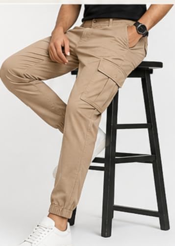 Image of Men's Jogger Cargo Pants | Stretchable Cotton Blend Utility Trousers | Regular Fit Multi Pocket Casual Bottom Wea
