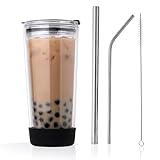 Premium 20oz Double-Wall Insulated Glass Tumbler –High Heat, Sweat-Proof Travel Cup for Water, Iced Coffee, Bubble Boba Tea, Smoothies, Protein Shake and Juices with Secure Lid and Boba Straw