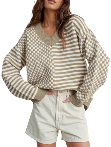 Image of UNCLECAT Womens Striped Checkered Sweater V Neck Fall Trendy Pullover Tops