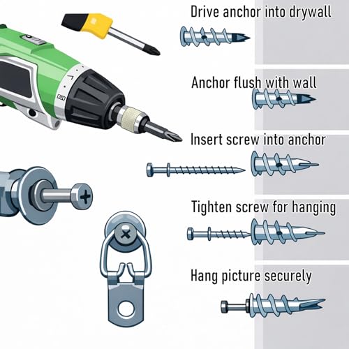 Image of 30pcs Self-Drilling Black Drywall Anchor and Double-Headed Screws Kit - 15 Metal Wall Anchors ,15 Bear Claw Wall Picture Screws for D-Rings, 4-in-1 Hanging Hooks for Sawtooth, Wire, Keyholes