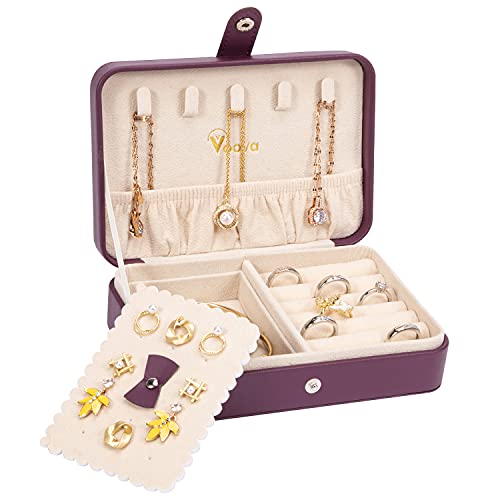 Voova Jewelry Organizer Box, Small Travel Jewelry Case for Women Teen Girls, Mini Leather Portable Jewellery Storage Boxes Display Holder with Smart Earrings Plate for Necklaces Rings Bracelets,Purple