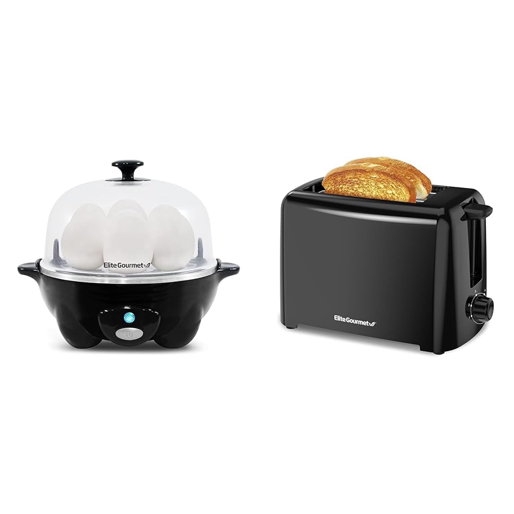 Elite Gourmet EGC-007B# Rapid Egg Cooker, 7 Easy-To-Peel, Hard, Medium, Soft Boiled Eggs, Poacher &amp; ECT1027B Cool Touch Toaster with 6 Temperature Settings &amp; Extra Wide 1.25" Slots for Bagels
