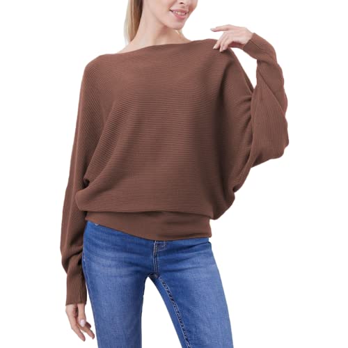 Image of FULIER Women Oversized Boat Neck Batwing Sleeves Dolman Knitted Sweaters Lightweight Pullovers Tops One Size