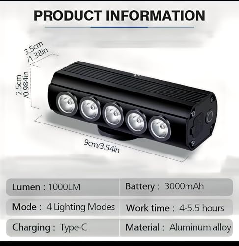 Image of 1000 Lumen Rechargeable Bicycle Headlight, 3000mAh USB Type-C Cycling Front Light, Aluminum Alloy Bicycle Flashlight with 4 Modes, Waterproof LED Bicycle Light for MTB & Road Bicycle