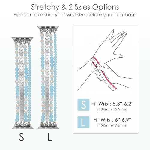 Image of MOFREE Beaded Apple Watch Band for Women 42 /44 /45 /46 /49mm Elastic Strap | Handmade No-Clasp Stretch Bracelet for Apple Watch Series 1-11 /SE3, Shiny Crystal iWatch Band, Hypoallergenic, Light Blue